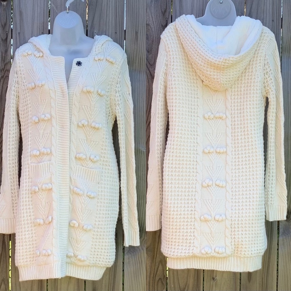 MM COUTURE Cream Cable Knit Faux Fur Lined Hooded sweater Cardigan Jacket